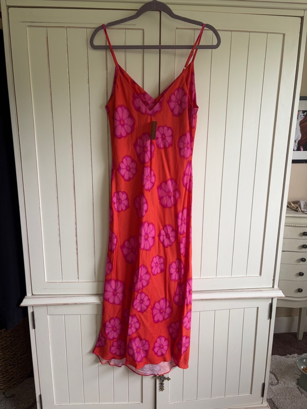 Orange Slip Dress with Pink Floral Print
